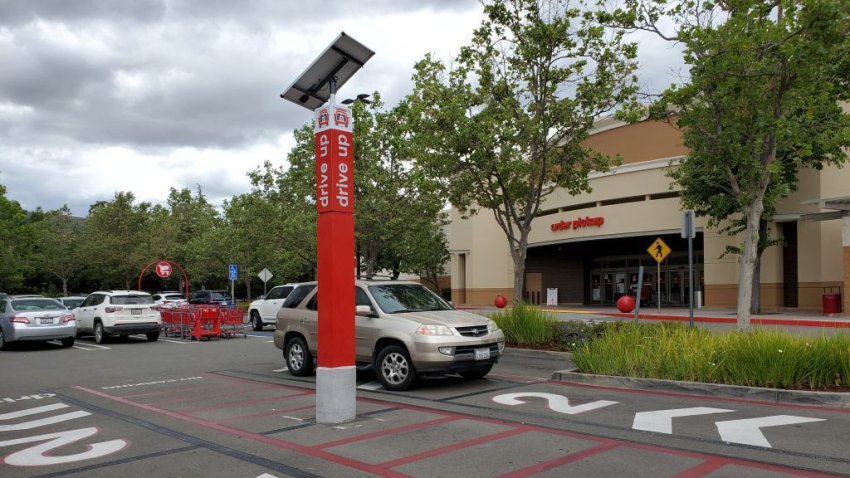 Curbside pickup area with dramatic sky at Target retail store in San Ramon, California, May 30, 2020. (Photo by Smith Collection/Gado/Getty Images)