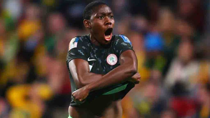 BRISBANE, AUSTRALIA – JULY 27: Asisat Oshoala of Nigeria celebrates after scoring her team’s third goal during the FIFA Women’s World Cup Australia & New Zealand 2023 Group B match between Australia and Nigeria at Brisbane Stadium on July 27, 2023 in Brisbane, Australia. (Photo by Chris Hyde – FIFA/FIFA via Getty Images)