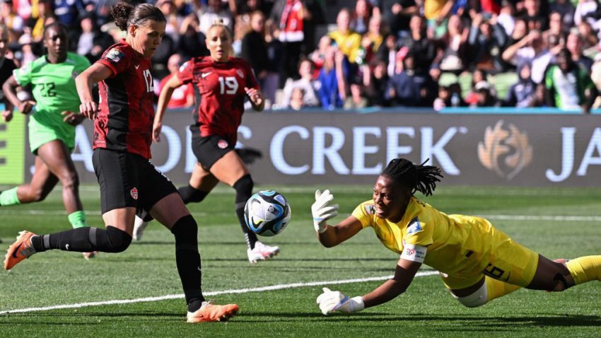 Nigeria’s goalkeeper #16 Chiamaka Nnadozie (R) clears after saving a penalty kick by Canada’s forward #12 Christine Sinclair during the Australia and New Zealand 2023 Women’s World Cup Group B football match between Nigeria and Canada at Melbourne Rectangular Stadium, also known as AAMI Park, in Melbourne on July 21, 2023. (Photo by WILLIAM WEST / AFP) (Photo by WILLIAM WEST/AFP via Getty Images)