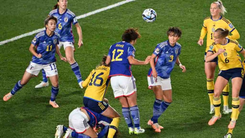 Japan’s defender #12 Hana Takahashi heads the ball during the Australia and New Zealand 2023 Women’s World Cup quarter-final football match between Japan and Sweden at Eden Park in Auckland on August 11, 2023. (Photo by Saeed KHAN / AFP) (Photo by SAEED KHAN/AFP via Getty Images)