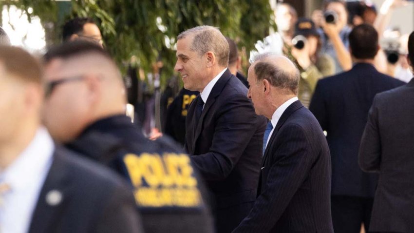 Hunter Biden, son of US President Joe Biden, center, arrives to federal court in Wilmington, Delaware, US, on Tuesday, Oct. 3, 2023. Hunter Biden was indicted in September on federal gun charges, charged with three counts relating to his October 2018 purchase of a Colt Cobra .38 caliber revolver while he was a drug addict. Photographer: Ryan Collerd/Bloomberg via Getty Images