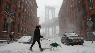 Man walking dog in New York City during winter