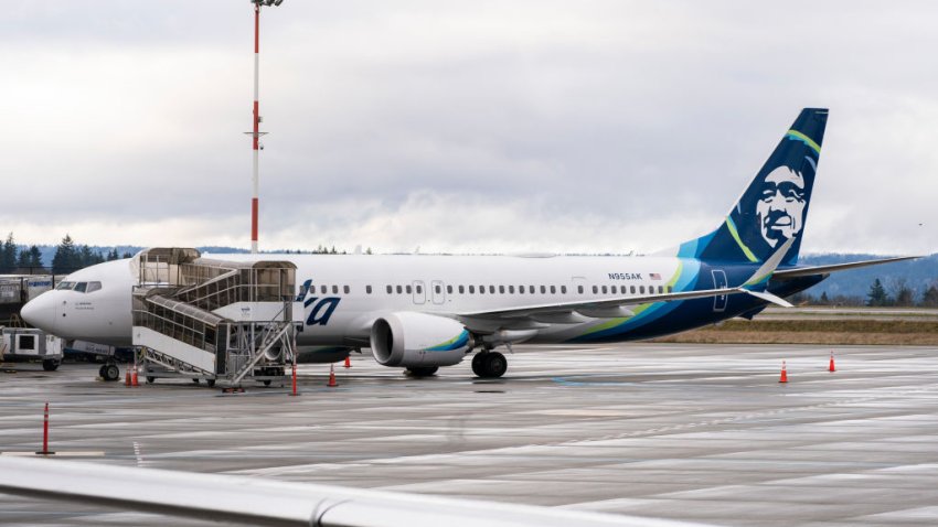 An Alaska Airlines Boeing 737 Max-9 aircraft grounded at Seattle-Tacoma International Airport (SEA) in Seattle, Washington, US, on Saturday, Jan. 6, 2024. Alaska Airlines will ground its entire fleet of Boeing Co. 737 Max-9 aircraft after a fuselage section in the rear part of the brand-new jet blew out shortly after takeoff. Photographer: David Ryder/Bloomberg via Getty Images