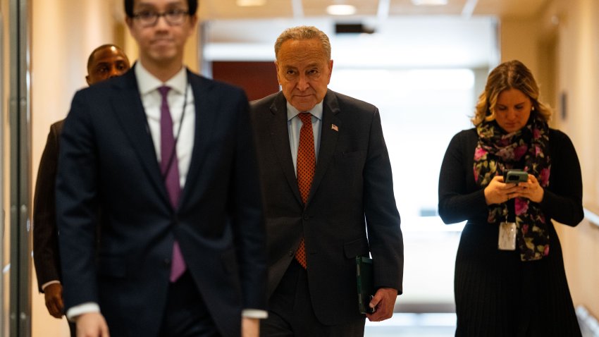 Senate Majority Leader Chuck Schumer, a Democrat from New York, center, at the US Capitol in Washington, DC, US, on Thursday, Feb. 29, 2024. The House passed a temporary funding bill to avert a Saturday partial US government shutdown, sending the bill to the Senate for a vote as soon as Thursday night. Photographer: Kent Nishimura/Bloomberg via Getty Images