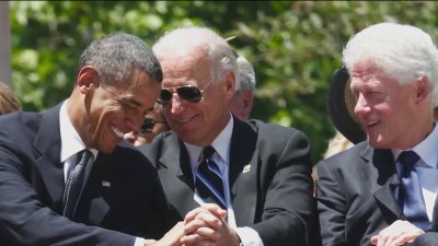 Biden, Obama y Clinton en acto de campaña en Nueva York