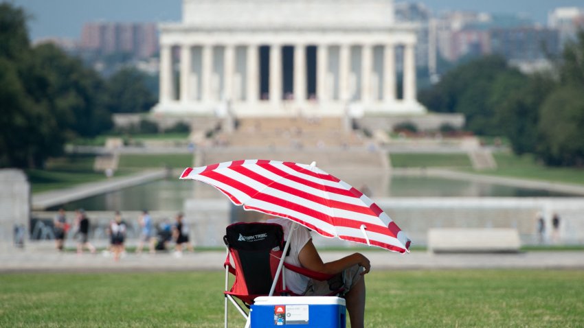 A man sits under the shade of an umbrella near the National World War II Memorial and Lincoln Memorial on the National Mall in Washington, DC, August 29, 2018, as a heat wave continues in the area, with the National Weather Service issuing a heat advisory for extreme temperatures and high humidity. (Photo by SAUL LOEB / AFP) (Photo by SAUL LOEB/AFP via Getty Images)