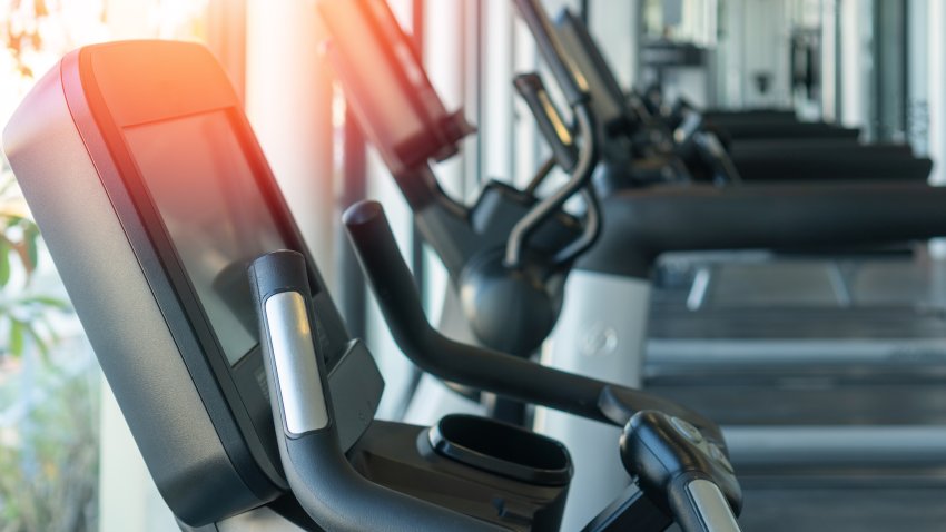 Gym exercise equipments treadmill handle in modern fitness center for people excerise workout room.