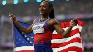 Sha'Carri Richardson of Team United States celebrates winning the silver medal after competing the Women's 100m Final on day eight of the Olympic Games Paris 2024 at Stade de France on August 03, 2024 in Paris, France.