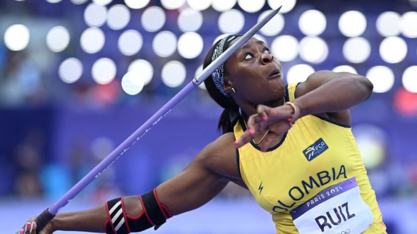 Colombia’s Flor Denis Ruiz Hurtado competes in the women’s javelin throw qualification of the athletics event at the Paris 2024 Olympic Games at Stade de France in Saint-Denis, north of Paris, on August 7, 2024. (Photo by Kirill KUDRYAVTSEV / AFP) (Photo by KIRILL KUDRYAVTSEV/AFP via Getty Images)