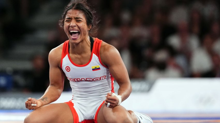 Ecuador’s Lucía Yépez celebrates victory over Germany’s Annika Wendle following the Women’s Freestyle 53kg Semi final at Champ-de-Mars Arena on the twelfth day of the 2024 Paris Olympic Games in France. Picture date: Wednesday August 7, 2024. (Photo by John Walton/PA Images via Getty Images)