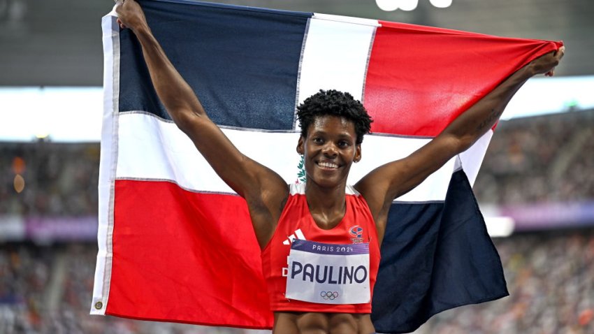 Paris , France – 9 August 2024; Marileidy Paulino of Team Dominican Republic celebrates after winning gold in the women’s 400m final at the Stade de France during the 2024 Paris Summer Olympic Games in Paris, France. (Photo By Sam Barnes/Sportsfile via Getty Images)