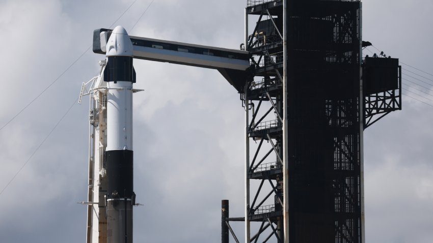 CAPE CANAVERAL, FLORIDA – AUGUST 26: SpaceX’s Polaris Dawn Falcon 9 rocket sits on Launch Complex 39A of NASA’s Kennedy Space Center on August 26, 2024 in Cape Canaveral, Florida. The Polaris Dawn mission is a private spaceflight backed by Jared Isaacman, the billionaire founder of payments platform company Shift4. During the mission, the astronauts will attempt the first spacewalk by a private company. The launch is scheduled for Tuesday, Aug. 27, at 3:38 and has a four-hour window. (Photo by Joe Raedle/Getty Images)