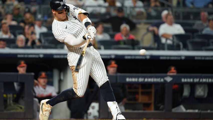 NEW YORK, NEW YORK – SEPTEMBER 26: Aaron Judge #99 of the New York Yankees hits a 2 run homerun against the Baltimore Orioles during the seventh inning at Yankee Stadium on September 26, 2024 in New York City. (Photo by Evan Bernstein/Getty Images)