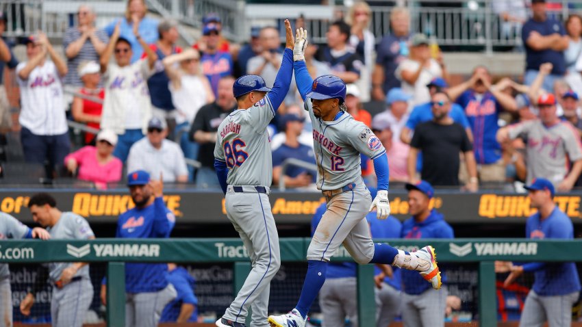 ATLANTA, GA – SEPTEMBER 30: Francisco Lindor #12 of the New York Mets celebrates as he rounds the bases after hitting a two-run home run in the ninth inning during the game between the New York Mets and the Atlanta Braves at Truist Park on Monday, September 30, 2024 in Atlanta, Georgia.