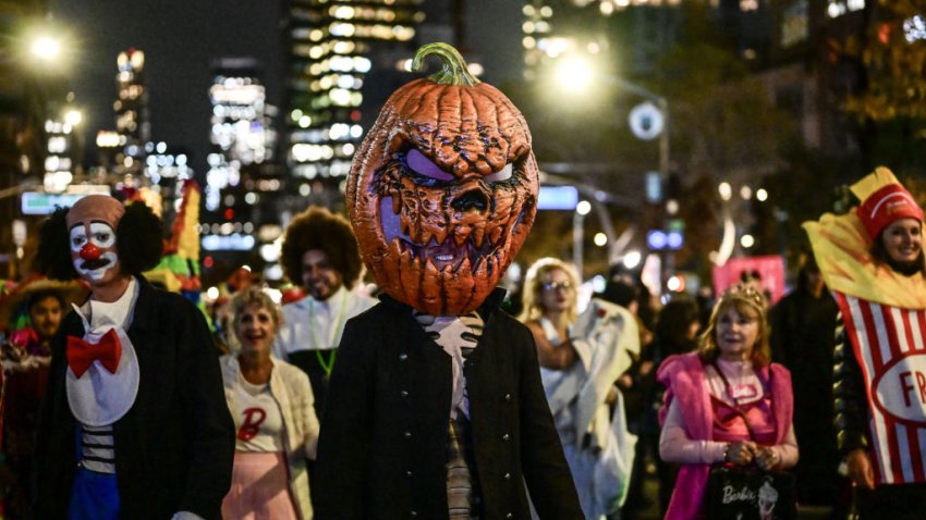 NEW YORK, UNITED STATES – OCTOBER 31: Revelers wearing different costumes, attend the annual Halloween Parade in New York, United States on October 31, 2023. (Photo by Fatih Aktas/Anadolu via Getty Images)