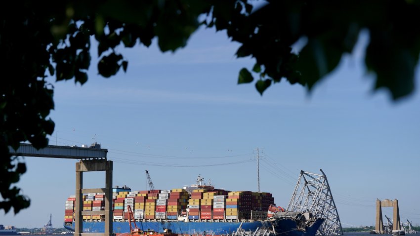 The Dali container vessel after striking the Francis Scott Key Bridge that collapsed into the Patapsco River in Baltimore, Maryland, US, on Monday, May 13, 2024. Crews performed a controlled demolition to help clear wreckage from the bow of the Singapore-flagged Dali so salvage crews can float the vessel out of the harbor, as authorities hope to fully reopen the channel by the end of May. Photographer: Al Drago/Bloomberg via Getty Images