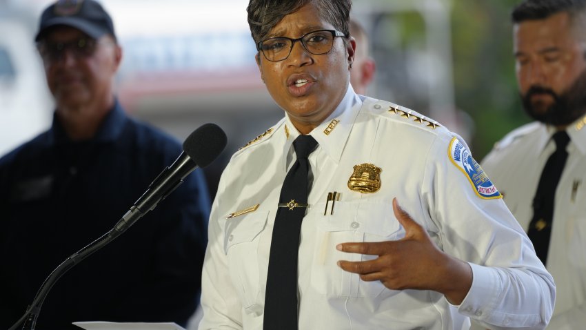 Mayor Muriel Bowser Was Joined By DC Metropolitan Police Chief Pamela Smith To Unveil A New ”FALCON ONE” Helicopter, An Airbus H-125, That Will Be Used For Law Enforcement Activity In Washington D.C. , on july 24, 2024.(Photo by Andrew Leyden/NurPhoto via Getty Images)