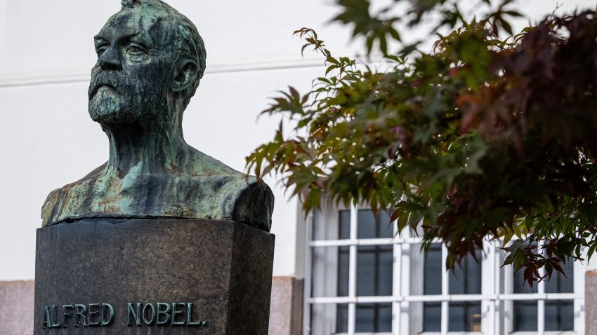 File. A bust of Swedish chemist, engineer, inventor, businessman, and philanthropist Alfred Nobel (1833-1896) is pictured outside the Norwegian Nobel Institute in Oslo, Norway on September 25, 2024. The 2024 Nobel Prize announcements will take place from October 7-14. The winner of the Nobel Peace Prize will be announced in Oslo on October 11.