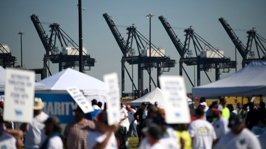 Dockworkers strike at the Bayport Container Terminal in Seabrook, Texas, on October 1, 2024. Officials at 14 ports along the US East and Gulf Coasts were making last-minute preparations on September 30 for a likely labor strike that could drag on the US economy just ahead of a presidential election — despite last-minute talks. (Photo by Mark Felix / AFP) (Photo by MARK FELIX/AFP via Getty Images)