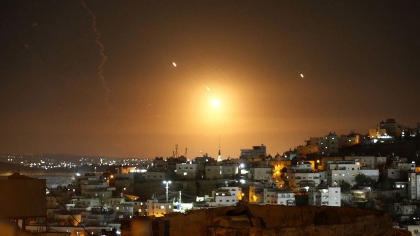 HEBRON, WEST BANK – OCTOBER 01: Many rockets, fired from Iran, are seen over Jerusalem from Hebron, West Bank on October 01, 2024. The Israeli army announced that missiles were fired from Iran towards Israel and sirens were heard across the country, especially in Tel Aviv. (Photo by Wisam Hashlamoun/Anadolu via Getty Images)