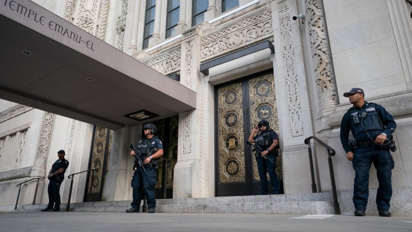 New York Police Department Counter Terrorism Bureau officers stand post outside Temple Emanu-El in the Upper Eastside of Manhattan, New York, after Iran launched a barrage of missiles at Israel on Tuesday, Oct. 1, 2024.