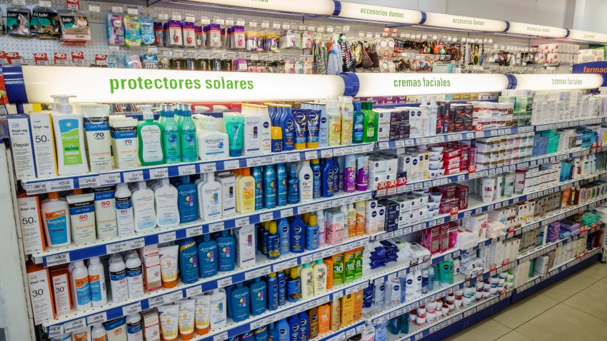 Shelves of sun blocks for sale in Farmacity. (Photo by: Jeffrey Greenberg/Universal Images Group via Getty Images)