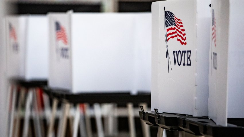 LANSING, MI – AUGUST 6- Voting booths during the Michigan state-wide primary at Bethlehem Lutheran Church in Lansing, Michigan, U.S., on August 6, 2024. (Photo by Emily Elconin for The Washington Post via Getty Images)