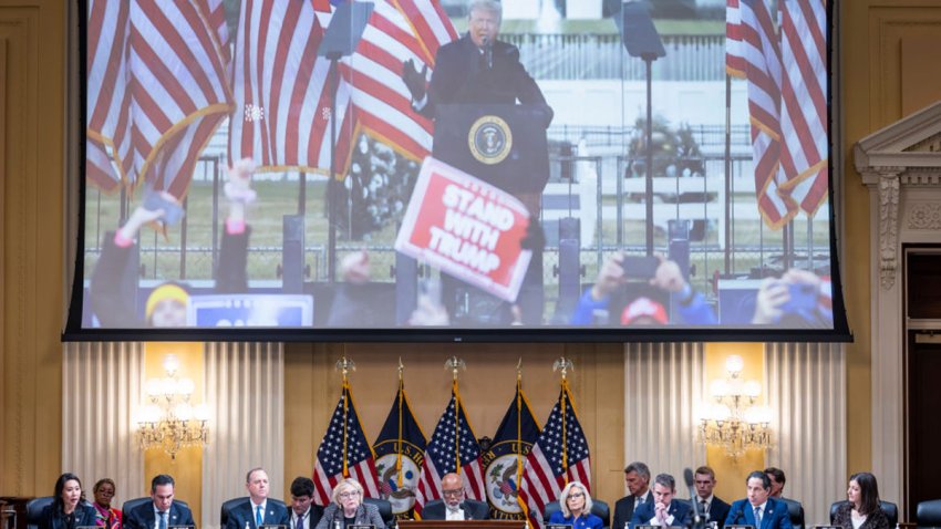 WASHINGTON, DC – DECEMBER 19: An image of former President Donald Trump is displayed as members of the House Select Committee to Investigate the January 6 Attack on the U.S. Capitol hold its last public meeting in the Canon House Office Building on Capitol Hill on December 19, 2022 in Washington, DC. The committee is expected to approve its final report and vote on referring charges to the Justice Department of insurrection, obstruction of an official proceeding of Congress and conspiracy to defraud the United States against former President Donald Trump. (Photo by Jim Lo Scalzo-Pool/Getty Images)