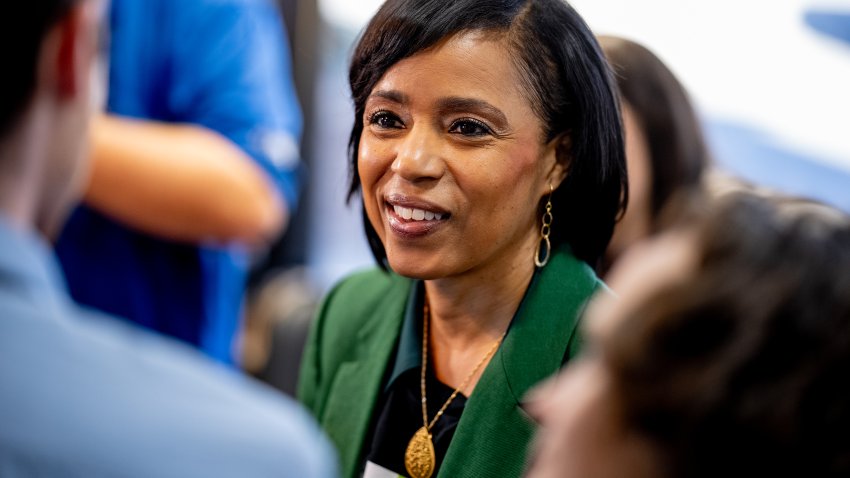 KETTERING, MARYLAND – OCTOBER 22: Maryland Democratic Senate candidate Angela Alsobrooks speaks to members of the media following a campaign stop at The Grooming Lounge barbershop on October 22, 2024 in Kettering, Maryland. Alsobrooks is in a tight race with her opponent Maryland Republican Senate candidate former Gov. Larry Hogan, with recent polls showing Alsobrooks pulling ahead in a race that could impact control of the U.S. Senate. (Photo by Andrew Harnik/Getty Images)