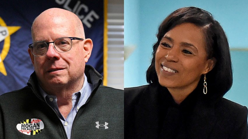 Angela Alsobrooks, Prince George’s County executive, right, and former Maryland Governor Larry Hogan. (Kenneth K. Lam and Barbara Haddock Taylor/The Baltimore Sun/Tribune News Service via Getty Images)