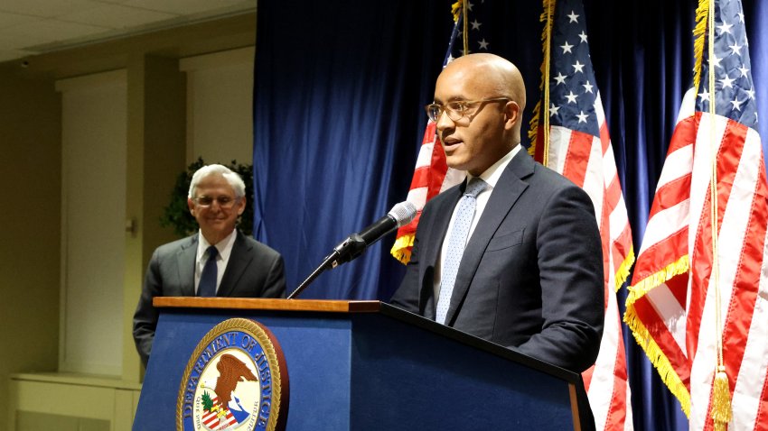 NEW YORK, NEW YORK – NOVEMBER 18: Damian Williams, the U.S. Attorney for the Southern District of New York, speaks as U.S. Attorney General Merrick Garland waits to address members of the Southern District on November 18, 2024 in New York City. (Photo by Jefferson Siegel-Pool/Getty Images)