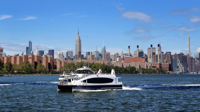 View from the East River of the waterfront of Midtown Manhattan on a clear sunny day. New York City, USA