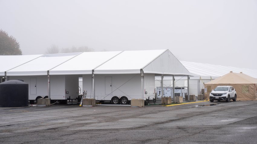 The migrant shelter at Brooklyn’s Floyd Bennett Field on Oct. 30, 2023, in New York. (Theodore Parisienne/New York Daily News/Tribune News Service via Getty Images)