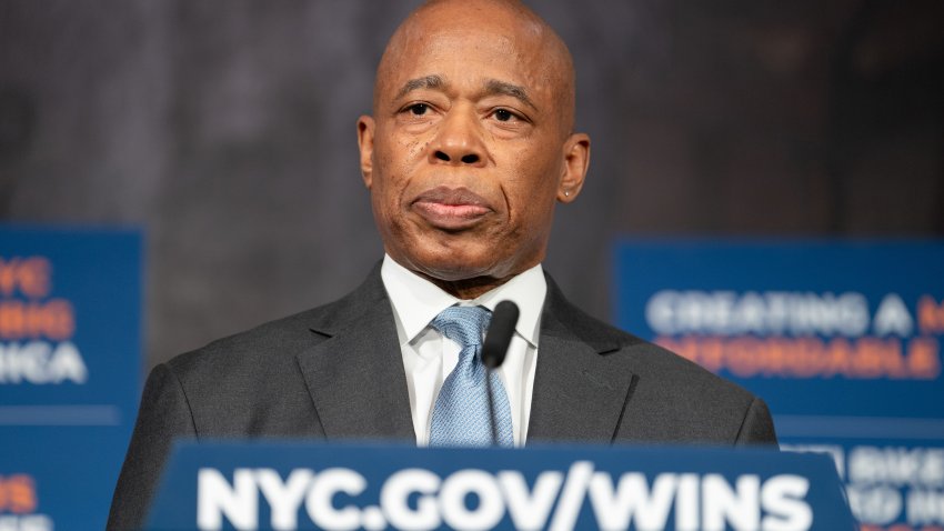 Eric Adams reacts to a reporters question at a press conference in the Blue Room in City Hall Monday, Dec. 16, 2024, in Manhattan. (Barry Williams/New York Daily News/Tribune News Service via Getty Images)