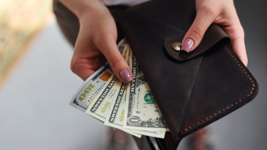 Dollars in a wallet in the hands of a woman. Money. Economy. Finance. Budget.