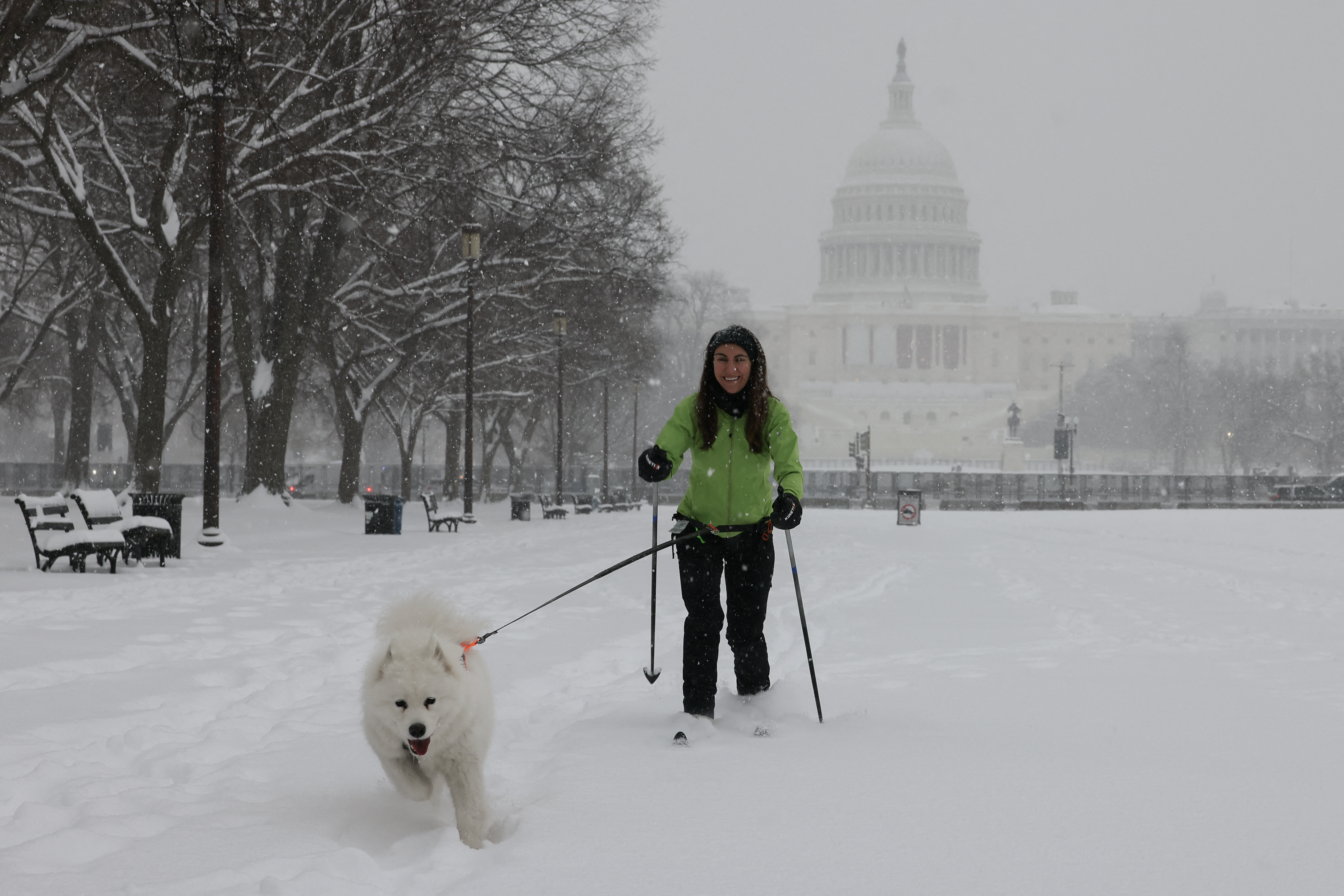 Una mujer con esquís pasea a su perro por el National Mall mientras cae nieve durante una tormenta invernal en Washington, DC, el 6 de enero de 2025. Peligrosas condiciones invernales están afectando a una gran franja del centro y el este de Estados Unidos, como un sistema de tormenta severa sigue la pista hacia el este, lo que provocó interrupciones de viaje y de trabajo de Kansas City a Washington. (Foto de Jemal COUNTESS / AFP) (Foto de JEMAL COUNTESS/AFP vía Getty Images)