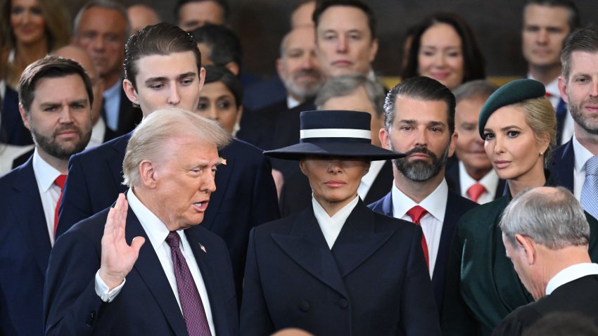 US President-elect Donald Trump, left, is sworn-in during the 60th presidential inauguration in the rotunda of the US Capitol in Washington, DC, US, on Monday, Jan. 20, 2025. Donald Trump’s Monday swearing-in marks just the second time in US history that a president lost the office and managed to return to power – a comeback cementing his place within the Republican Party as an enduring, transformational figure rather than a one-term aberration. Photographer: Saul Loeb/AFP/Bloomberg via Getty Images