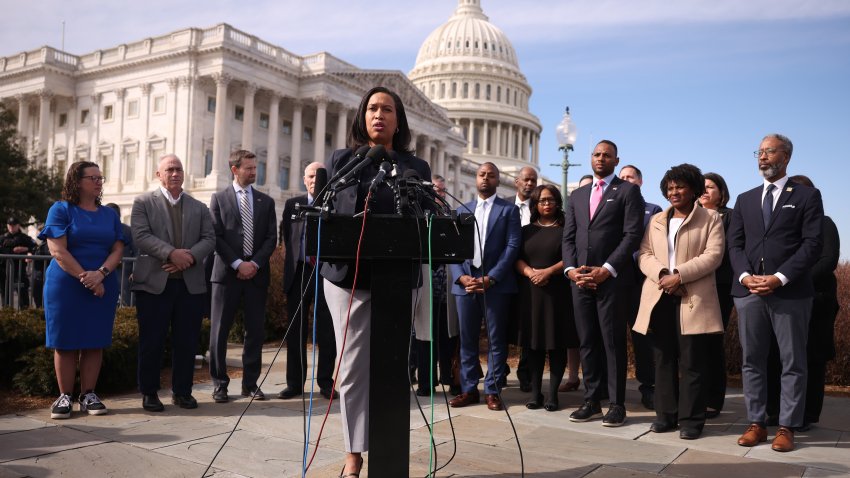 WASHINGTON, DC – MARCH 10: Washington, DC Mayor Muriel Bowser, joined by Delegate Eleanor Holmes Norton (D-DC), Washington, DC Council Chair Phil Mendelson and other city officials, holds a press conference outside the U.S. Capitol on March 10, 2024 in Washington, DC. The group spoke out against the House Republican’s proposed continuing resolution, saying it will cut funds to public safety and schools in Washington, DC (Photo by Kayla Bartkowski/Getty Images)