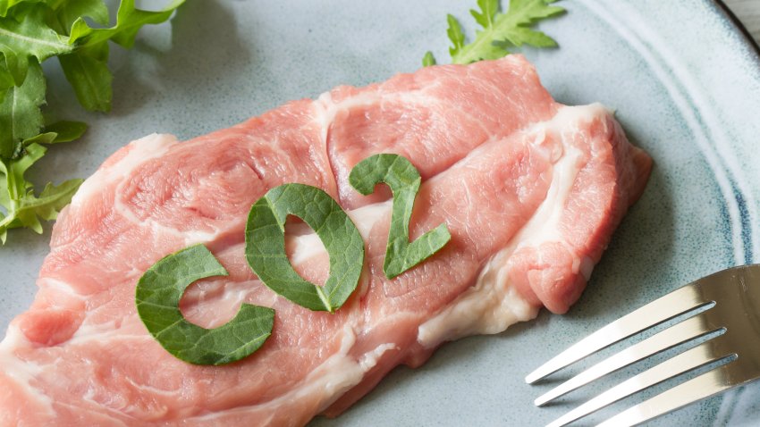 Emissions co2, carbon footprint concept with pork steak on plate