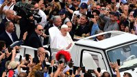 TOPSHOT – Pope Francis waves to the crowd from the popemobile after the Easter mass, at St Peter’s square in the Vatican on April 20, 2025. (Photo by Tiziana FABI / AFP) (Photo by TIZIANA FABI/AFP via Getty Images)