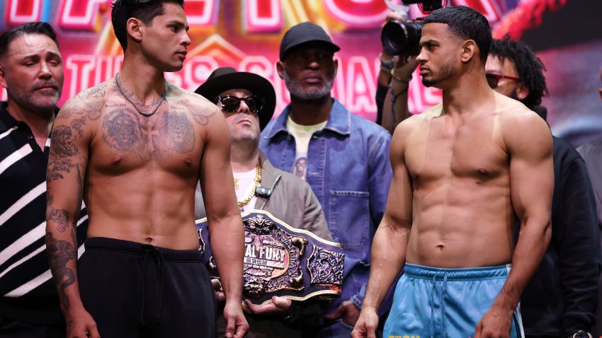 NEW YORK, NEW YORK – MAY 01:  Ryan Garcia (L) and Rolando “Rolly” Romero face off during their weigh in for their welterweight bout at the Manhattan Center at Times Square on May 01, 2025 in New York City. (Photo by Cris Esqueda/Golden Boy/Getty Images)