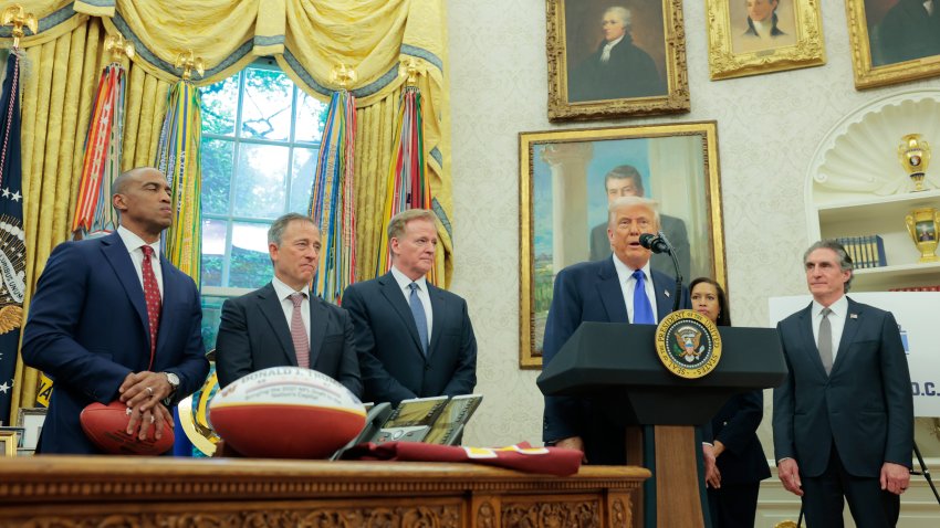 WASHINGTON, DC – MAY 05: U.S. President Donald Trump delivers remarks on the NFL Draft in the Oval Office of the White House on May 05, 2025 in Washington, DC. Joined by, (L-R) Housing and Urban Development Secretary Scott Turner, Washington Commanders owner Josh Harris, NFL Commissioner Roger Goodell, and Interior Secretary Doug Burgum, Trump announced that the 2027 NFL Draft will be held on the National Mall. (Photo by Anna Moneymaker/Getty Images)