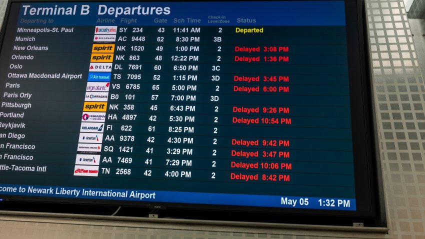 NEWARK, NEW JERSEY – MAY 05: A monitor shows flight delays   at Newark International Airport on May 05, 2025 in Newark, New Jersey. Delays and cancellations at one of the nation’s busiest airports have persisted for about a week, with these disruptions continuing into Monday morning. Air traffic control outages, runway construction, and an announcement by United Airlines that over 20% of FAA controllers at Newark walked off the job have all contributed to delays and cancellations. (Photo by Spencer Platt/Getty Images)