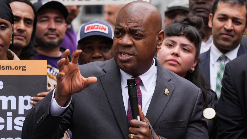 NEW JERSEY, UNITED STATES – MAY 15: Newark Mayor Ras Baraka makes a speech to press members after appearing in federal court for a status conference after his arrest outside an Immigration and Customs Enforcement (ICE) facility last week in front of the Federal Court in New Jersey, United States on May 15, 2025. (Photo by Lokman Vural Elibol/Anadolu via Getty Images)