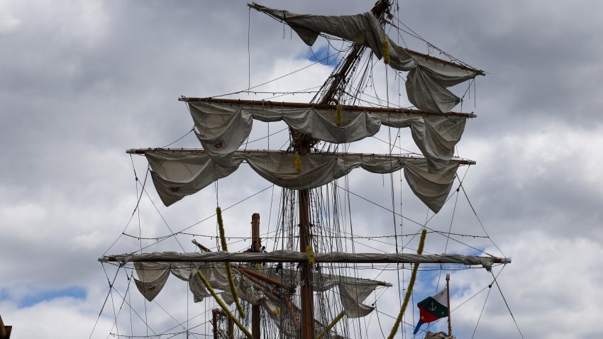 NEW YORK, NEW YORK – MAY 18: The damaged masts of the Cuauhtémoc, a Mexican Navy training ship that crashed into the Brooklyn Bridge, are seen as it sits docked at Pier 36 in lower Manhattan on May 18, 2025 in New York City. The ship, which snapped all three of its masts as it collided with the New York City landmark bridge, killed at least two people and injured dozens of others.  (Photo by Spencer Platt/Getty Images)