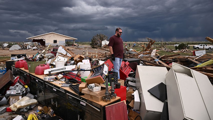 BENNETT, CO – MAY 19: Lee Katchen surveys the damage from a large tornado that destroyed the house, garage and other structures of his stepfather Mark Faber and mother Vikki Katchen in Bennett, Colorado on May 19, 2025. A large tornado struck the property yesterday destroying everything in its path. His parents, who owned the property, lost everything from the tornado. (Photo by Helen H. Richardson/MediaNews Group/The Denver Post via Getty Images)