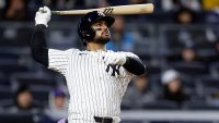 NEW YORK, NEW YORK – MAY 21:  Jasson Dominguez #24 of the New York Yankees follows through on his ninth inning game winning home run against the Texas Rangers at Yankee Stadium on May 21, 2025 in New York City. (Photo by Jim McIsaac/Getty Images)