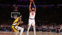 NEW YORK, NY – MAY 29: Karl-Anthony Towns #32 of the New York Knicks shoots the ball during the game against the Indiana Pacers  during Game 5 of the 2025 Eastern Conference Finals on May 29, 2025 at Madison Square Garden in New York City, New York.  NOTE TO :  expressly acknowledges and agrees that, by ing and or using this photograph,  is consenting to the  and conditions of the Getty Images License Agreement. Mandatory Copyright Notice: Copyright 2025 NBAE  (Photo by Nathaniel S. Butler/NBAE via Getty Images)