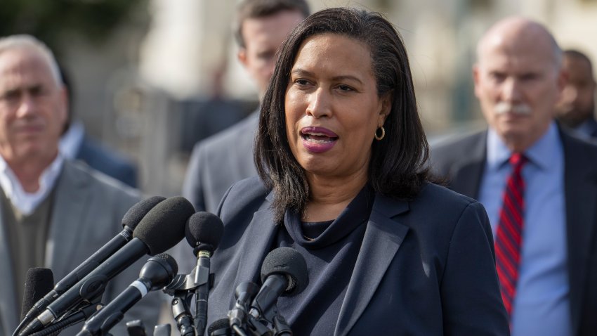 WASHINGTON, DC – MARCH 10: Flanked by members of the city council and other city leaders, DC Mayor Muriel Bowser speaks at a press conference on Capitol Hill Washington, DC on March 10, 2025. (Photo by Craig Hudson for The Washington Post via Getty Images)