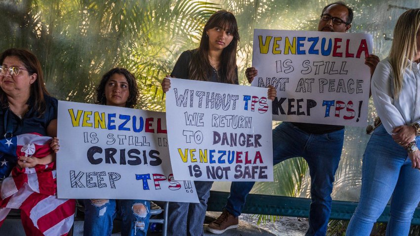 Venezuelans attend a vigil in Doral, Florida, on May 8, 2025, to show support for extending Temporary Protected Status, a case now before the U.S. Supreme Court. (Pedro Portal/Miami Herald/Tribune News Service via Getty Images)